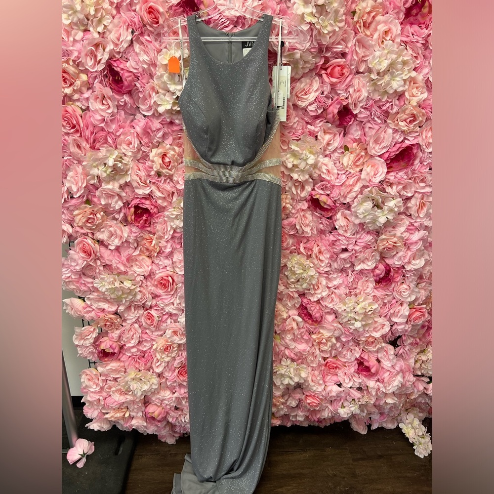 Jovani JVN62495 Grey Size 8 High Neck Sparkle Long Dress With Waist Beading NWT - Picture 3 of 7